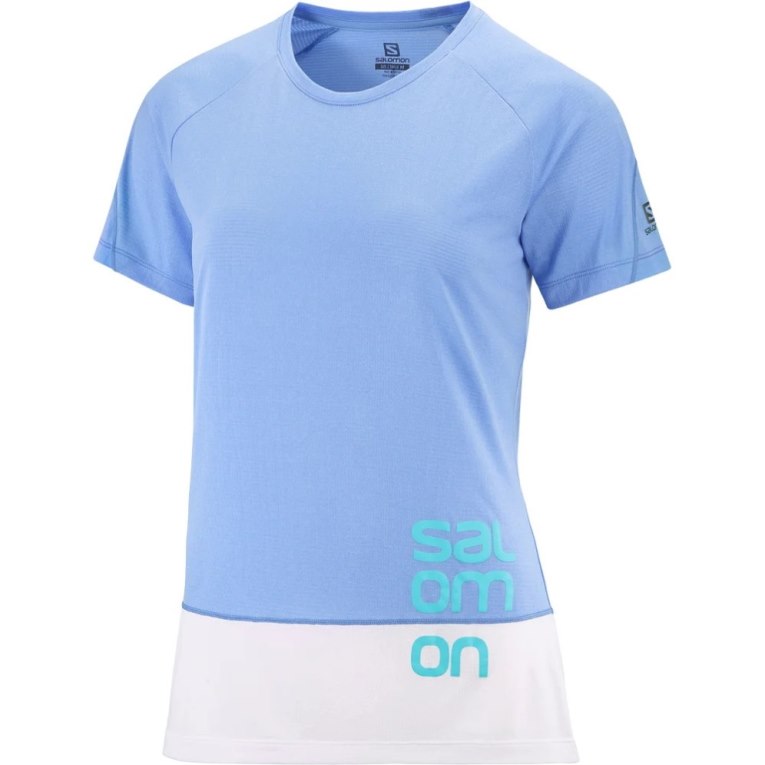 Camiseta Salomon Cross Run Estampados Corta Sleeve Mujer Azules Claro | MX FITN307